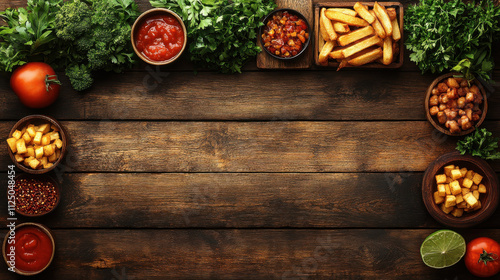 Fresh ingredients and sauces arranged on rustic wooden table, perfect for culinary presentation or food related content. vibrant colors and textures create inviting atmosphere photo