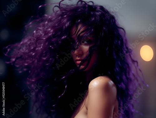 mysterious woman with vibrant curly purple hair