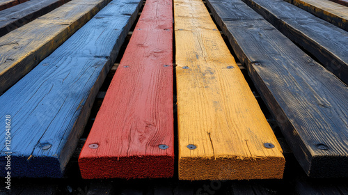 Colorful wooden planks arranged in minimalistic design, showcasing vibrant blue, red, yellow, and black hues. Perfect for text overlay or product display