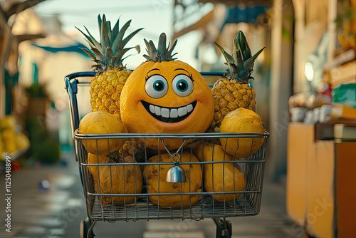 A trolley with its bell jingling, carrying smiling groceries in its basket