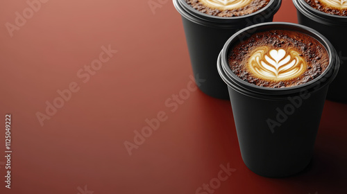 Rich coffee cups with latte art on warm brown background create cozy atmosphere. Perfect for coffee lovers and ideal for product promotion or text overlay photo