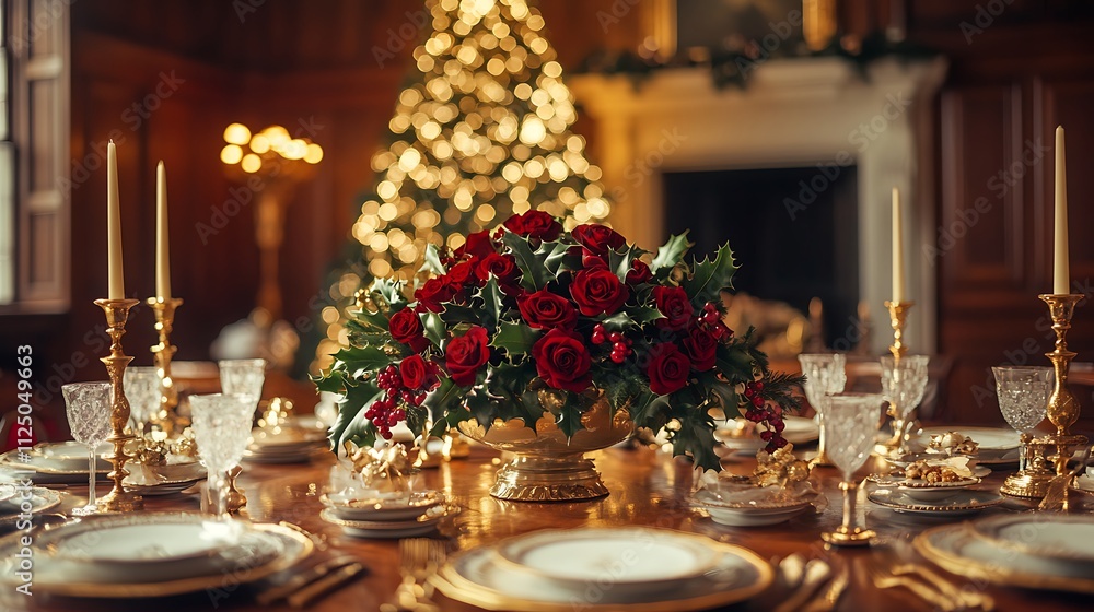 A lavish holiday table set with antique china, golden candelabras, and a centerpiece made of holly and red roses and a traditional Christmas tree adorned with handcrafted ornaments is softly blurred. A lavish holiday table set with antique china, golden candelabras, and a centerpiece made of holly and red roses and a traditional Christmas tree adorned with handcrafted ornaments is softly blurred.