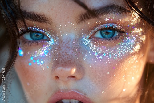 Close-up of vibrant blue eyes accentuated with shimmering holographic glitter, perfect for beauty and makeup inspiration. photo