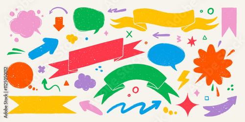 Text boxes and shapes in rough rustic style. Hand drawn vintage textured badges, banners, arrows and other design elements. Hand-drawn infographic Vector collection