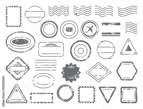 Empty postal stamps. Blank grunge stamp for post delivery, letters cards parcels. Vintage style travel insignia for passport, mail, documents, neoteric vector set