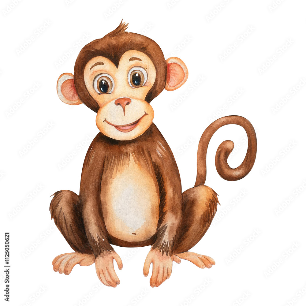 Obraz premium Adorable Watercolor Monkey Illustration Cute Primate Cartoon Jungle Animal Wildlife Baby Monkey