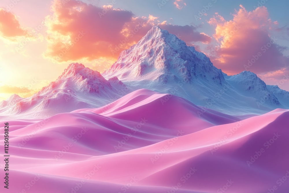 A surreal landscape featuring pink dunes and majestic snow-capped mountains under a colorful sky. A surreal landscape featuring pink dunes and majestic snow-capped mountains under a colorful sky.