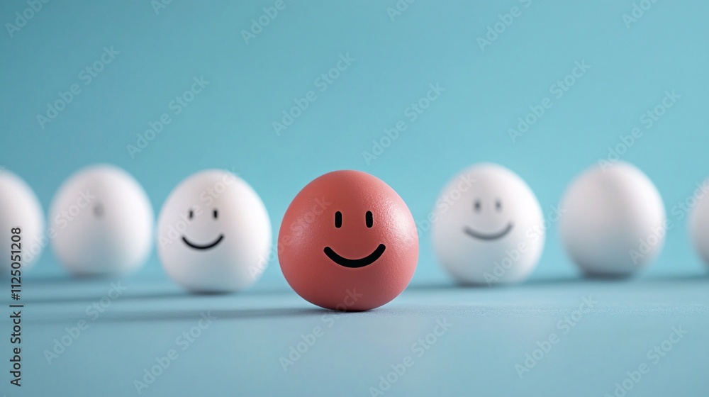 Red ball with smiley face standing out from white balls Red ball with smiley face standing out from white balls