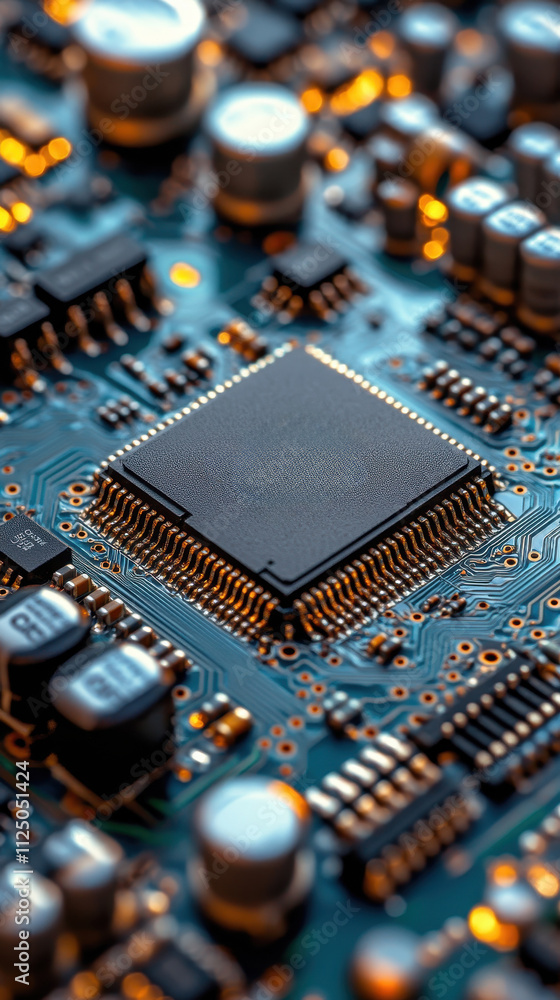futuristic microchip with glowing neon circuits and intricate details, showcasing high-tech and advanced electronic design aesthetics futuristic microchip with glowing neon circuits and intricate details, showcasing high-tech and advanced electronic design aesthetics