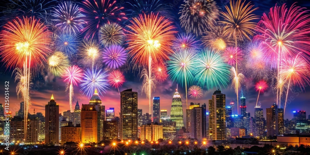 Obraz premium Cityscape Fireworks Display Nighttime Urban Scene with Vibrant Explosions