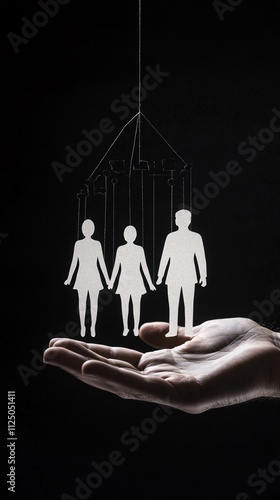 Hand holding hanging paper people puppets on dark background photo