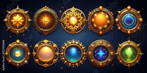 Celestial Orbs A Golden, Circular Composition of Mystical Gems and Cosmic Designs