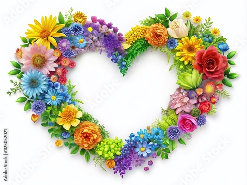 Colorful Decorative Spring Rainbow Frame with Floral Heart Design Isolated on White Background for Celebrating Love and Nature's Beauty in Artistic Photography