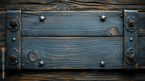 Rustic wooden signboard with metal accents and star decorations, perfect for text overlay or product display. aged wood texture adds character and charm photo