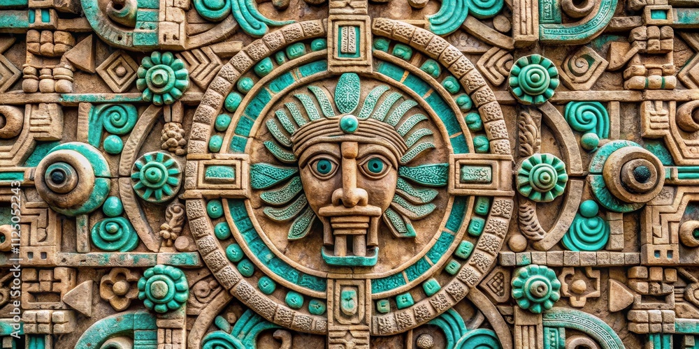 Aztec-Inspired Teal and Beige Relief Sculpture Geometric Composition, Central Deity Face Aztec-Inspired Teal and Beige Relief Sculpture Geometric Composition, Central Deity Face