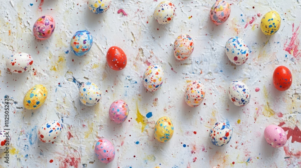 Colorful Easter Eggs with Paint Splashes on White Background Colorful Easter Eggs with Paint Splashes on White Background