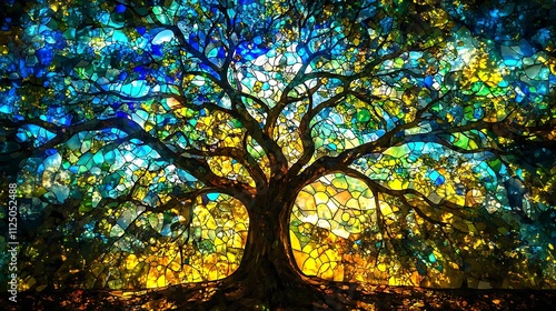 Vibrant stained-glass style tree artwork.