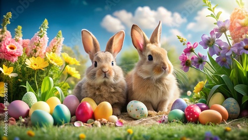 Colorful Easter Bunnies in a Whimsical Garden Setting with Easter Eggs and Spring Flowers for Festive Celebrations and Seasonal Decor
