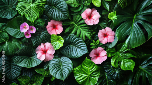 Lush green foliage with vibrant pink hibiscus flowers creates tropical paradise, perfect for nature lovers and botanical enthusiasts