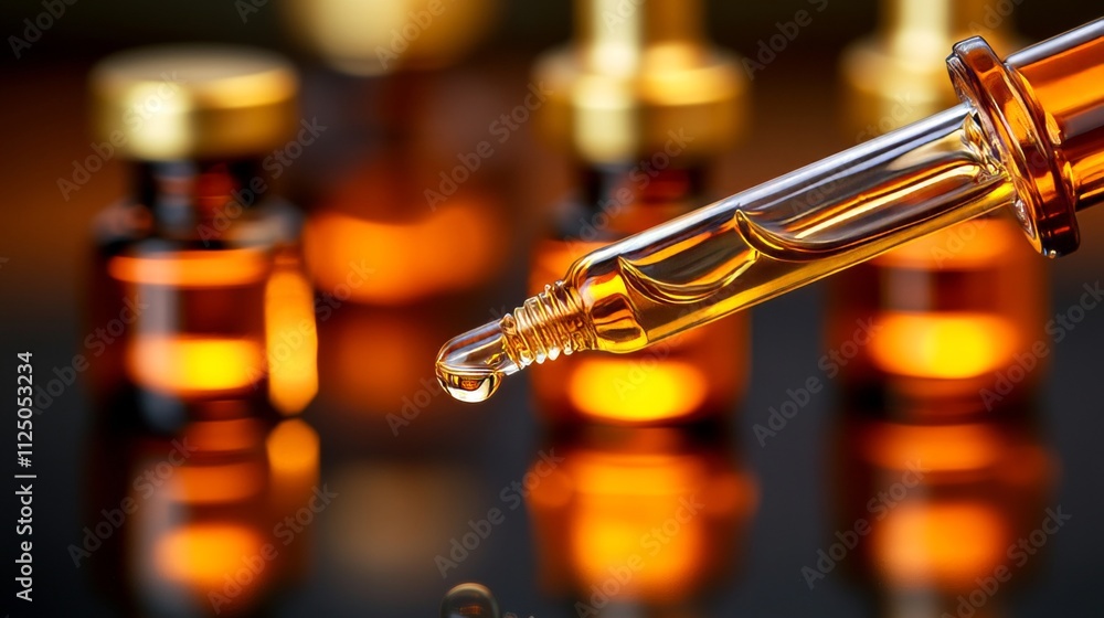 Obraz premium Golden Serum or Oil in Dropper Bottles, Close-Up A Modern Wellness and Beauty Concept.