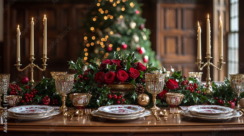 A lavish holiday table set with antique china, golden candelabras, and a centerpiece made of holly and red roses and a traditional Christmas tree adorned with handcrafted ornaments is softly blurred. A lavish holiday table set with antique china, golden candelabras, and a centerpiece made of holly and red roses and a traditional Christmas tree adorned with handcrafted ornaments is softly blurred.