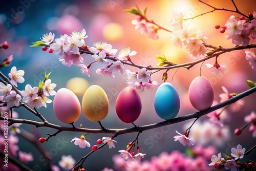 Colorful Easter Eggs Nestled Among Cherry Blossom Branches with Delicate Pink Petals and Vibrant Hues in a Captivating Silhouette Photography Style