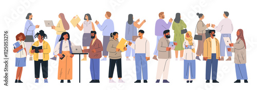 Diverse group collaboration business meeting concept. People engaged in discussions holding laptops and documents in casual attire on a white background