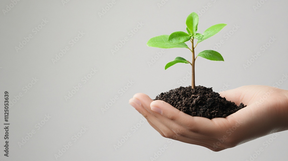 Hands holding and protecting small growing plant with soil Hands holding and protecting small growing plant with soil