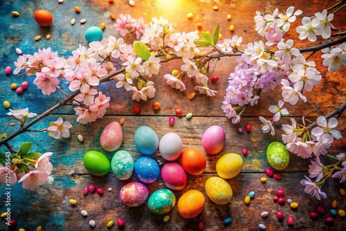 Colorful Easter Eggs Surrounded by Cherry Blossoms for a Spring Greeting Card with Diverse Colorful Textured Floors - Perfect for Seasonal Celebrations and Copy Space
