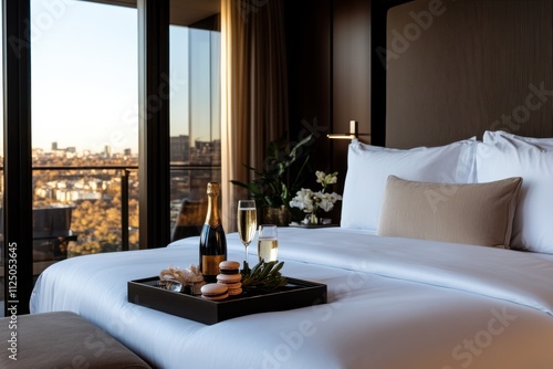 A stunning hotel room featuring elegant furnishings, a cozy bed, and a tray with champagne and snacks, showcasing luxury and comfort in a vibrant city setting.