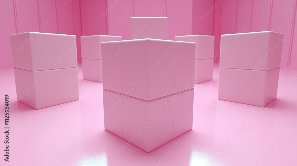 Minimalistic space featuring pink geometric boxes arranged artistically, ideal for text overlay or product display. vibrant color creates playful and modern atmosphere Minimalistic space featuring pink geometric boxes arranged artistically, ideal for text overlay or product display. vibrant color creates playful and modern atmosphere