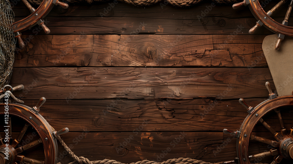 Fototapeta premium Nautical Theme textural antique background content slide, wooden ship - rustic wood planks, captains wheel, nets, rope create a western or pirate theme concept - wallpaper, desktop 