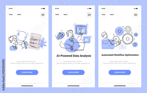AI-powered data analysis technology concept illustration featuring people analyzing data on laptops and charts with gears and magnifying glass minimalist doodle style