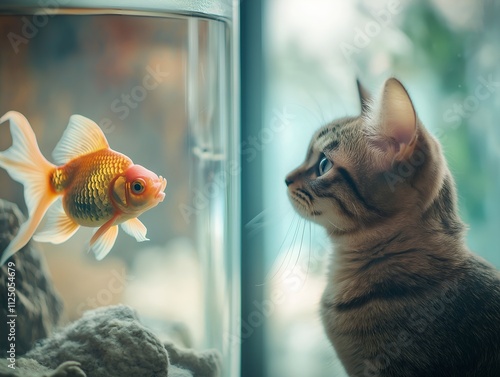 a curious cat staring at goldfish through a window photo