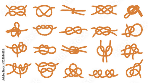 Cartoon isolated rope knots. Sailing boating braided cords, lasso from ropes. Nautical elements, twisted loops from threads. Marine neoteric vector set