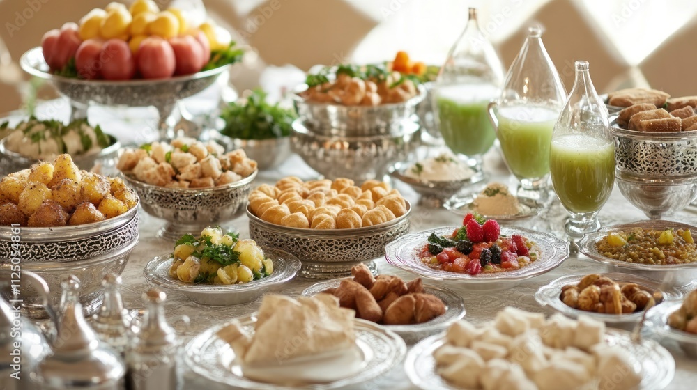 A festive Ramadan Iftar table, filled with Saudi dishes like Sambusa, soups, and fresh juices A festive Ramadan Iftar table, filled with Saudi dishes like Sambusa, soups, and fresh juices