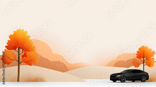 Flat vector car poster with a scenic road trip theme, featuring cars and minimalist landscape illustrations photo