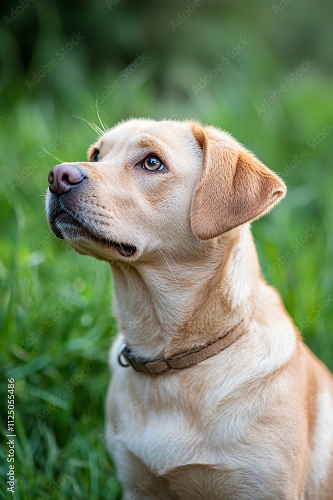 A dog sitting in the grass, gazing upward. A dog sitting in the grass, gazing upward.