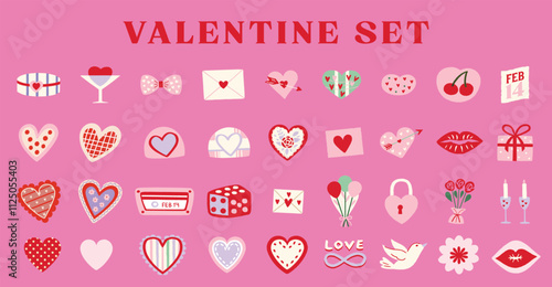 Set of valentine playful whimsical doodle style icon symbol, perfect for valentine's day designs on pink background.