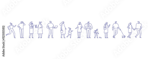 Line art city people banner isolated on white background. Collection of silhouette people vectors featuring diverse poses and actions. Perfect for creative designs, posters and illustrations