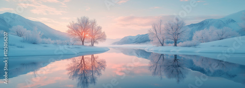Panoramic view of a serene frozen lake surrounded by snow-dusted mountains and a pastel sky at sunrise