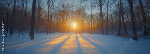 Panoramic view of a golden sunrise casting long shadows in a snow-covered forest during winter