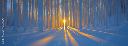Panoramic view of a dense forest covered in fresh snow illuminated by the golden hues of a winter sunset