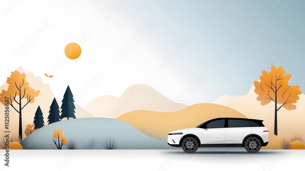 Flat vector car background with a countryside setting, rolling hills, and bright greenery Flat vector car background with a countryside setting, rolling hills, and bright greenery