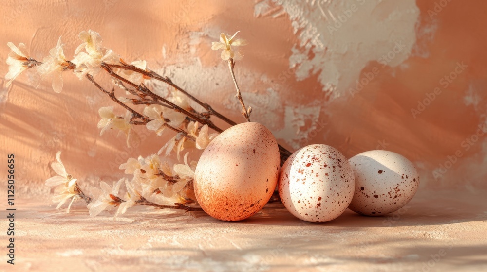 Fototapeta premium Decorative Easter Eggs on Soft Peach Background with Blossoms