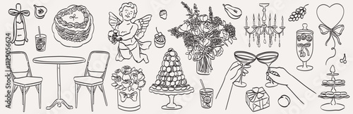 Hand drawn chalk food illustrations. Wedding or romantic dinner icons. Wine or champagne glass, dessert drawings for wedding invitations, cafe menus and parties. La dolce vita italian sketch style.