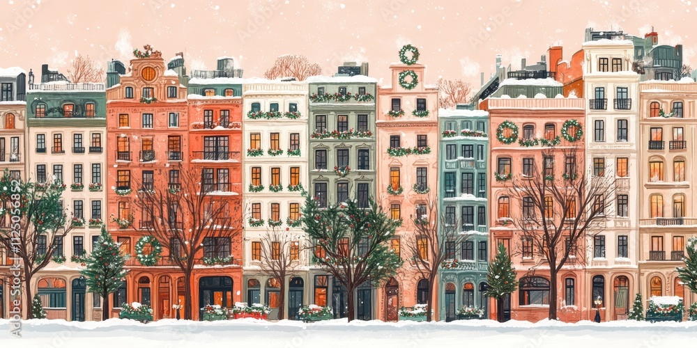 Obraz premium Christmas watercolor town, colorful old houses, European New Year charm