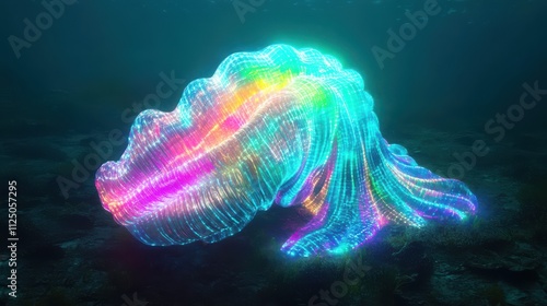 Abstract iridescent bioluminescent jellyfish-like organism on ocean floor. photo