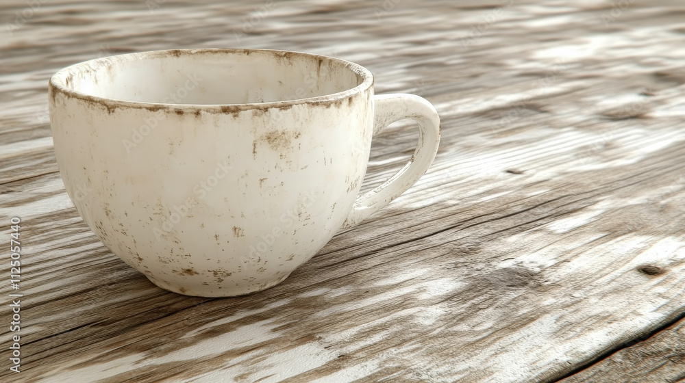 rustic white cup sits on weathered wooden table, showcasing its worn texture and charm. natural light enhances details of cup and wood grain, creating cozy atmosphere rustic white cup sits on weathered wooden table, showcasing its worn texture and charm. natural light enhances details of cup and wood grain, creating cozy atmosphere