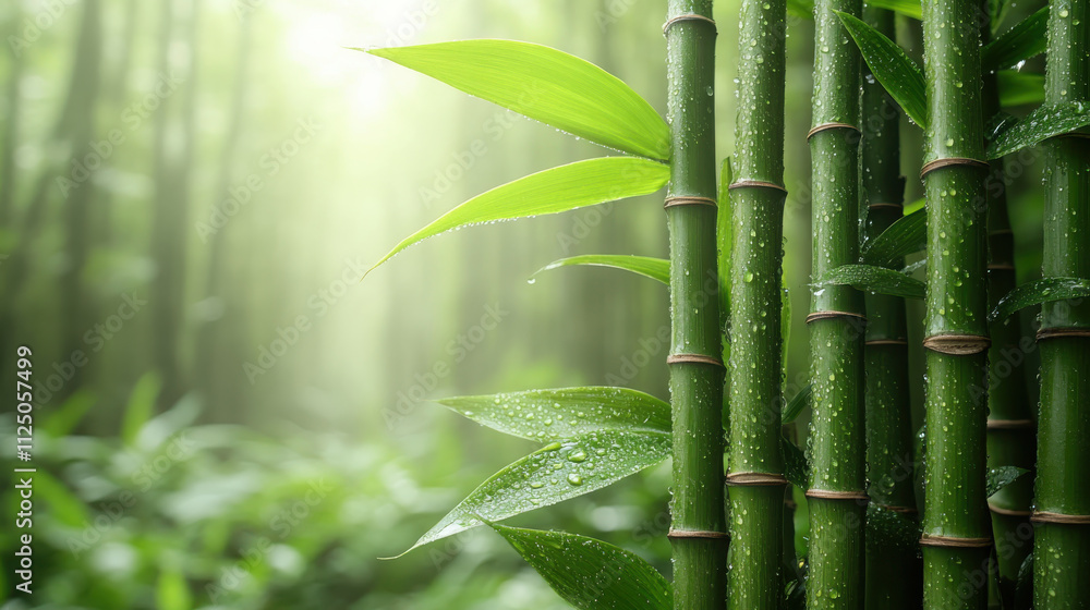 Obraz premium Lush green bamboo forest with dew covered leaves and soft light